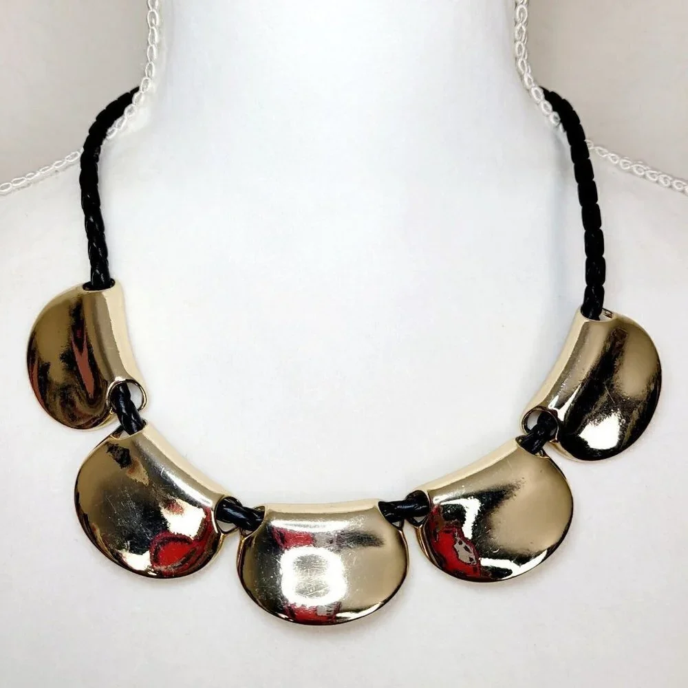 Lydell NYC Contemporary Necklace Black Leather Braided Cord Gold Tone Sliders
